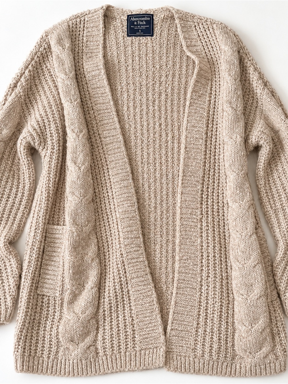 Abercrombie & Fitch Beige Cable Knit Open-Front Cardigan